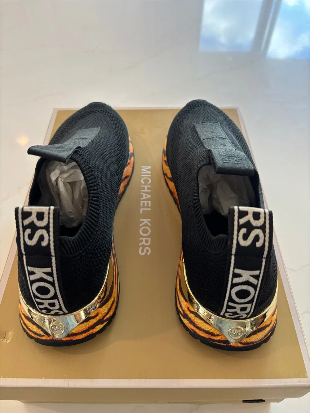 Michael Kors Kids Black Knit Slip-On Sneakers with Tiger-Print Accent